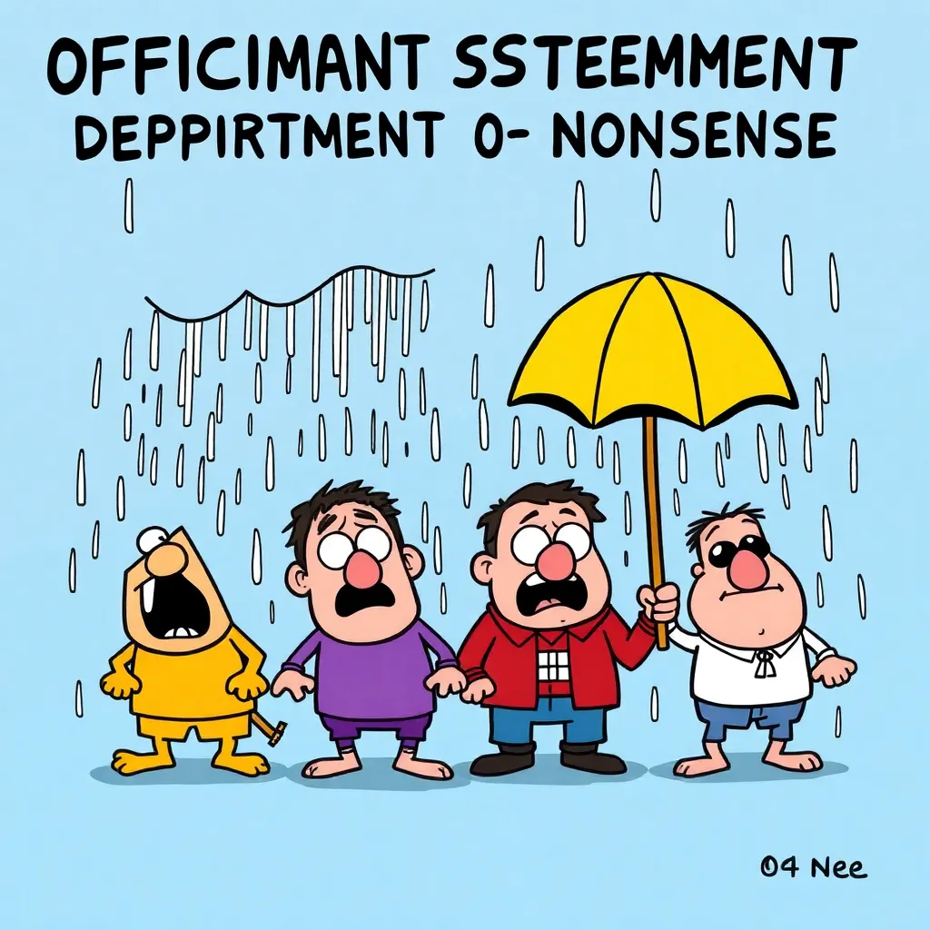 OFFICIAL STATEMENT FROM THE DEPARTMENT OF NONSENSE: Federal Atmospheric Moisture Precipitation Continuity Bureau Releases 612-Page Compliance Report Confirming That Rain Which Fell From The Sky Did So In A Downward Direction Onto Things That Were Below It, Precipitation Analysts Describe Event As 'Wet, Ceiling-Originated, And Affecting Surfaces In The Impact Zone'
